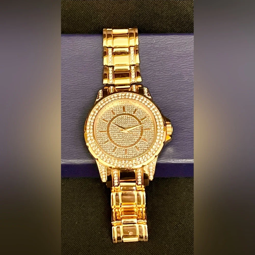 FMDAL Oversized Gold Glitz Watch Iced Out Pavé Rhinestone Statement Bling Glam